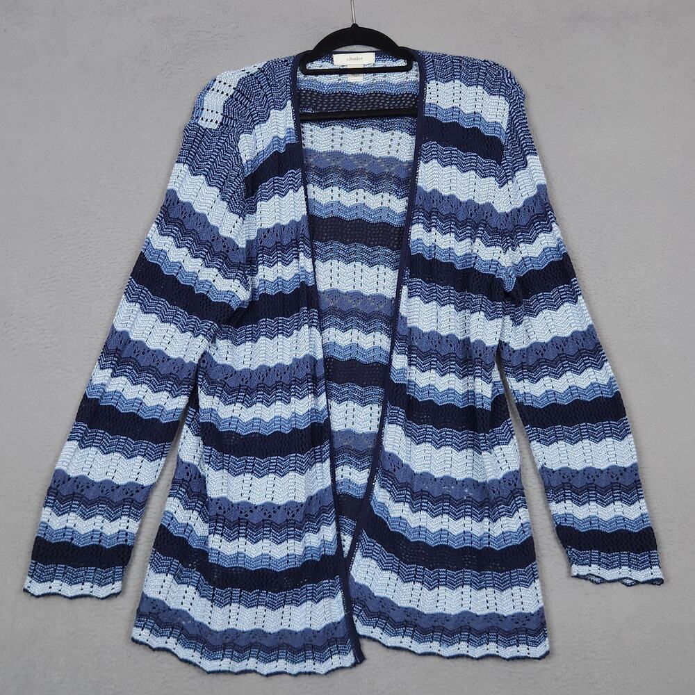 CJ Banks Sweater Cardigan Womens Plus 1X Blue Acrylic Open Knit Striped Coverall